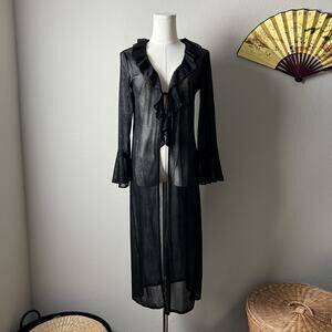 vintage sheer black sparkly fairy goth grunge ruffle tie front duster cardigan